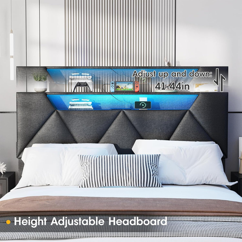 Vabches Full Bed Frame with Storage Headboard and 4 Drawers,Upholstered Platform with Charging Station and Led Lights,Adjustable Headboard with Pu Leather,No Box Spring Needed,Black