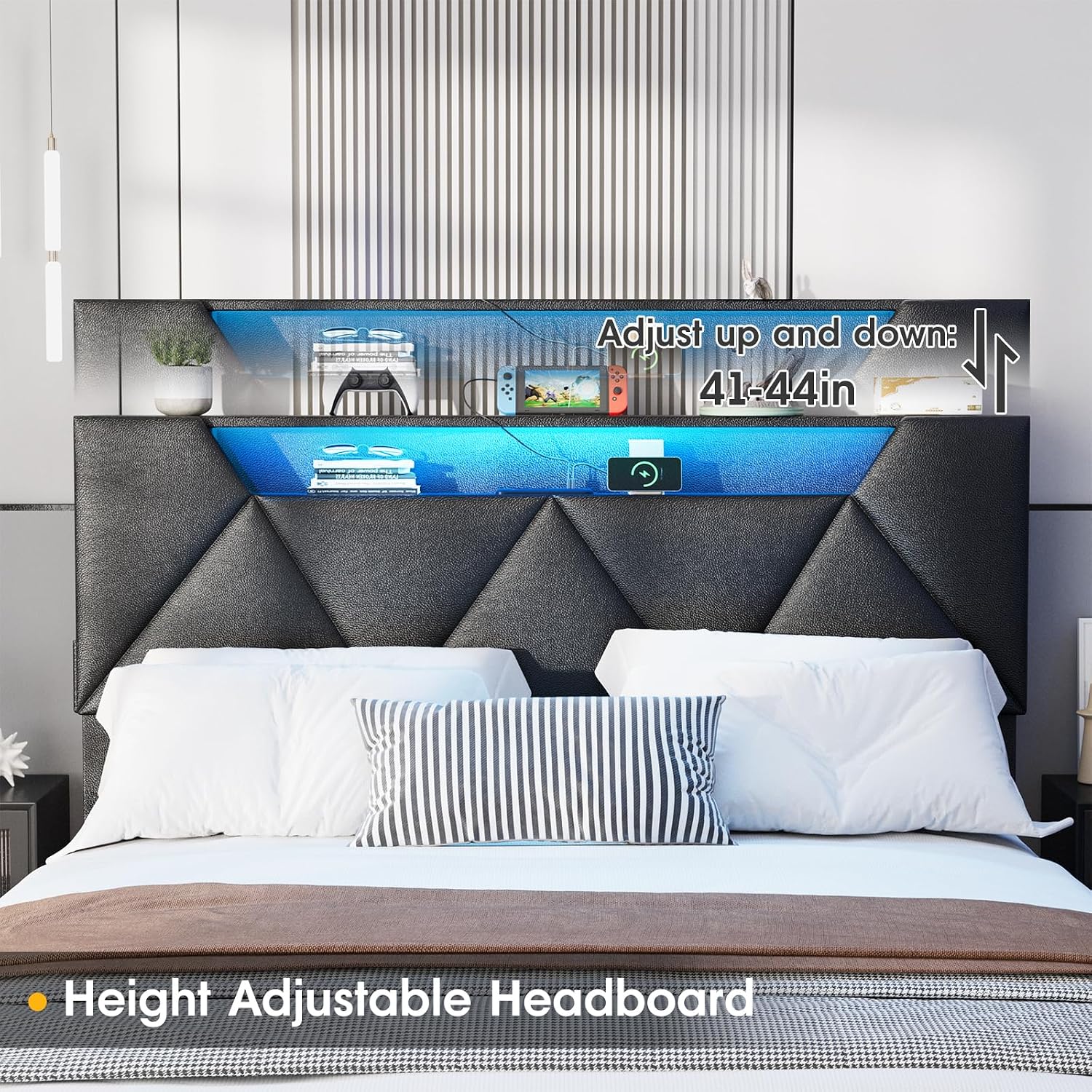 Vabches Full Bed Frame with Storage Headboard and 4 Drawers,Upholstered Platform with Charging Station and Led Lights,Adjustable Headboard with Pu Leather,No Box Spring Needed,Black