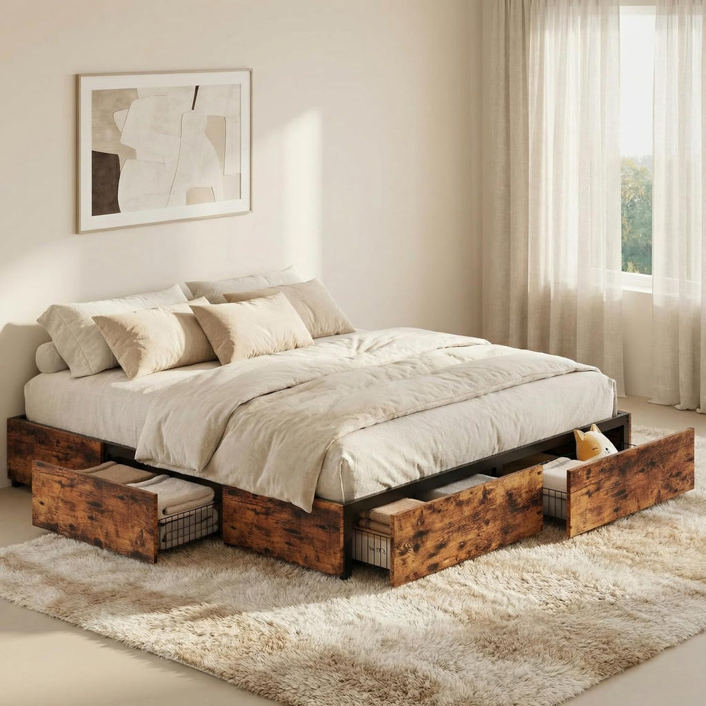 LIKIMIO King Bed Frame with Storage, 4 Drawers and Heavy Strong Metal Support Frames, Solid Stable, No Box Spring Needed, Noise-Free, Easy Assembly, Industrial Brown
