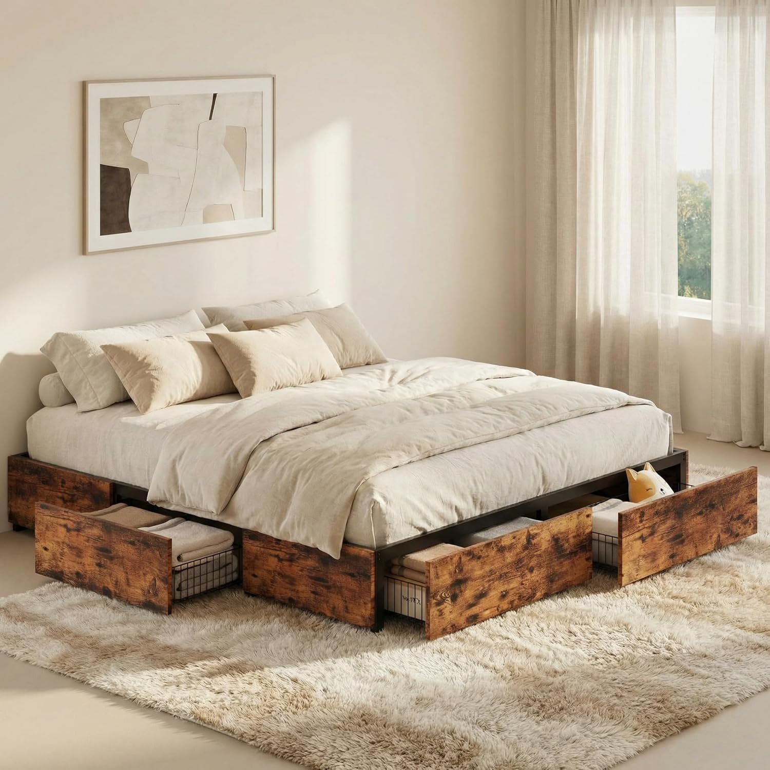 LIKIMIO King Bed Frame with Storage, 4 Drawers and Heavy Strong Metal Support Frames, Solid Stable, No Box Spring Needed, Noise-Free, Easy Assembly, Industrial Brown