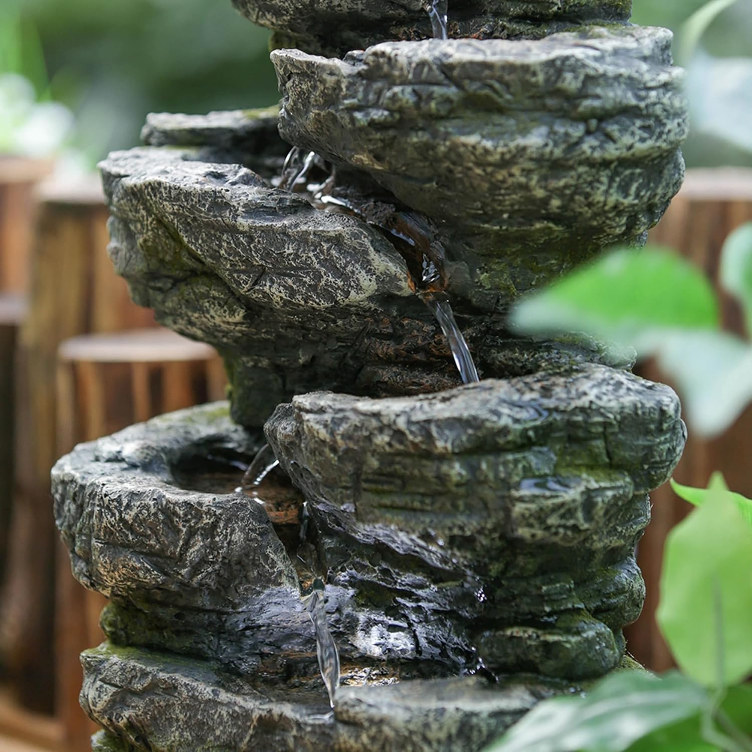 9x5x14 Indoor Gray Stone Look Water Fountain, 7 Tier Polyresin Cascading Rock Tabletop Fountain with LED Light