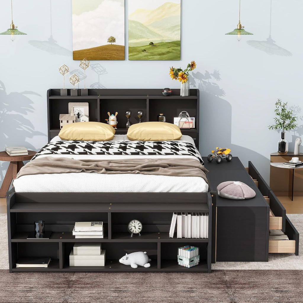 Modern Full Size Platform Bed with Bookcase Storage Headboard, Wood Captain Platform Bed Frame with 6 Drawers and Bed End Storage Case, Sturdy Slat Support, Maximize Space (Espresso-I4)