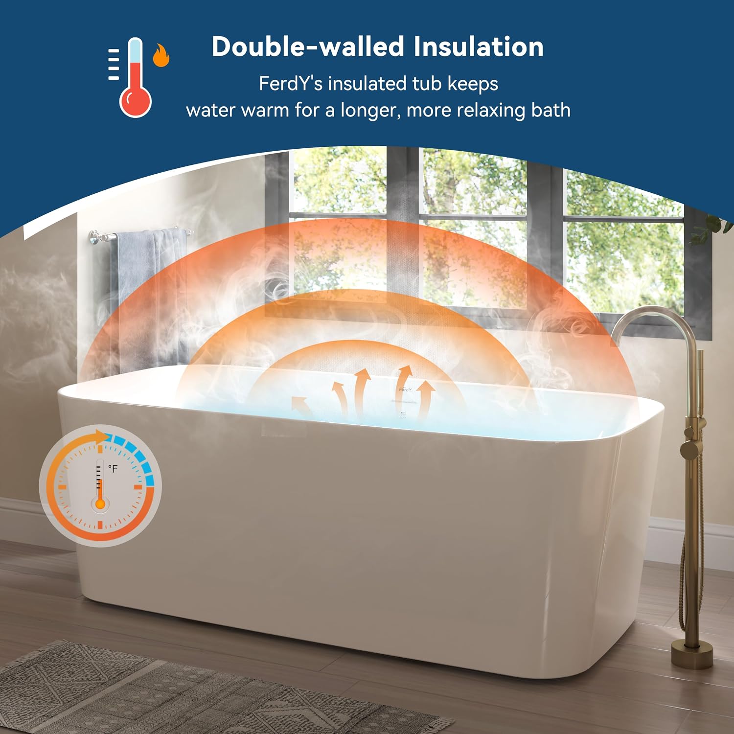 FerdY Maui 67' Acrylic Freestanding Bathtub, Contemporary Elegant Design Soaking Tub with Brushed Gold Drain and Minimalist Linear Design Overflow, Easy to Install