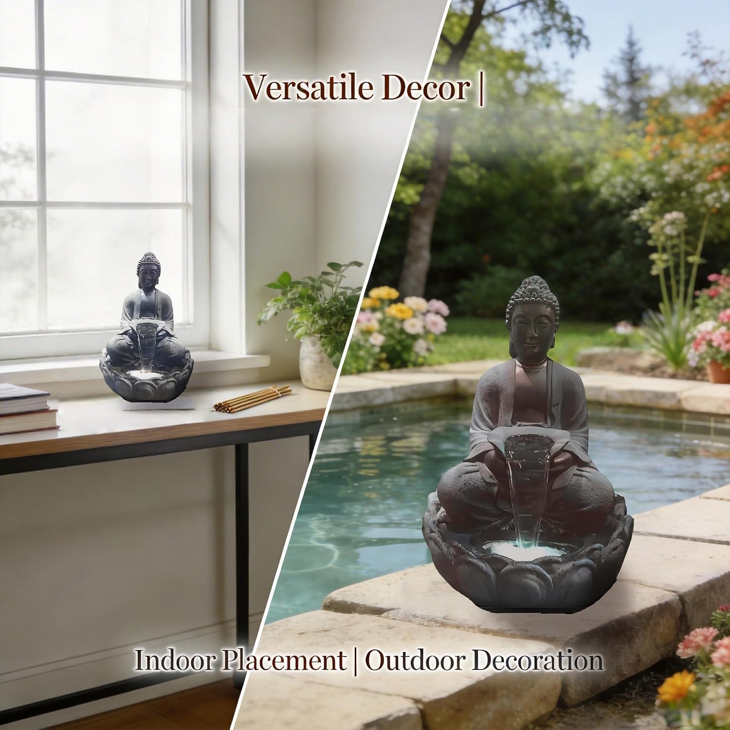 Outdoor Water Fountain, Buddha Water Outside, Garden Fountain, Statue Indoor/Outdoor for Home, Buddha Decor & Gifts, Buddah, Buda, Budda, Buddhas, Feng Shui (Small)