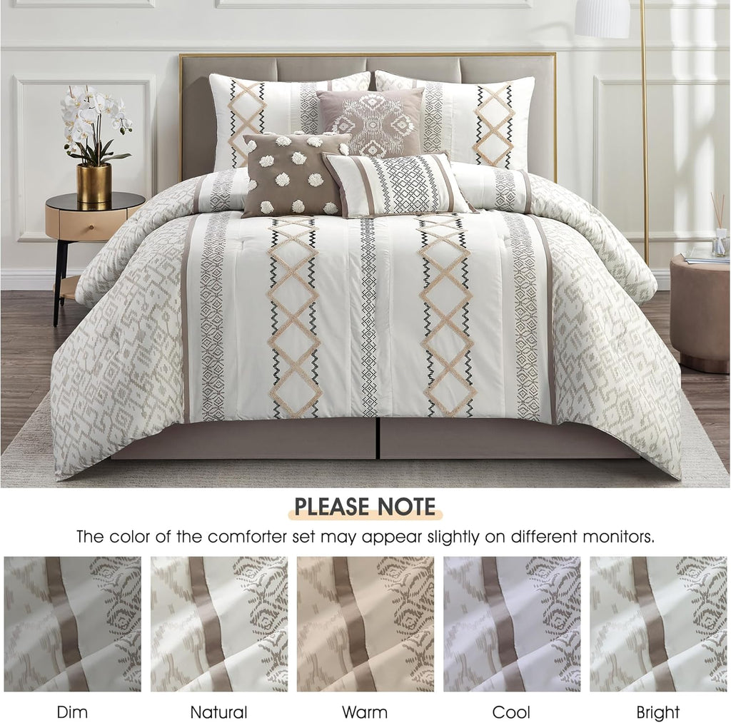 LANCO MODERN LIFESTYLE Taupe Queen Comforter Set, 7 Pieces All Season Bedding Sets in a Bag with Geometric Terry Embroidered Comforter, Bed Skirt, Pillow Shams and Decorative Pillows