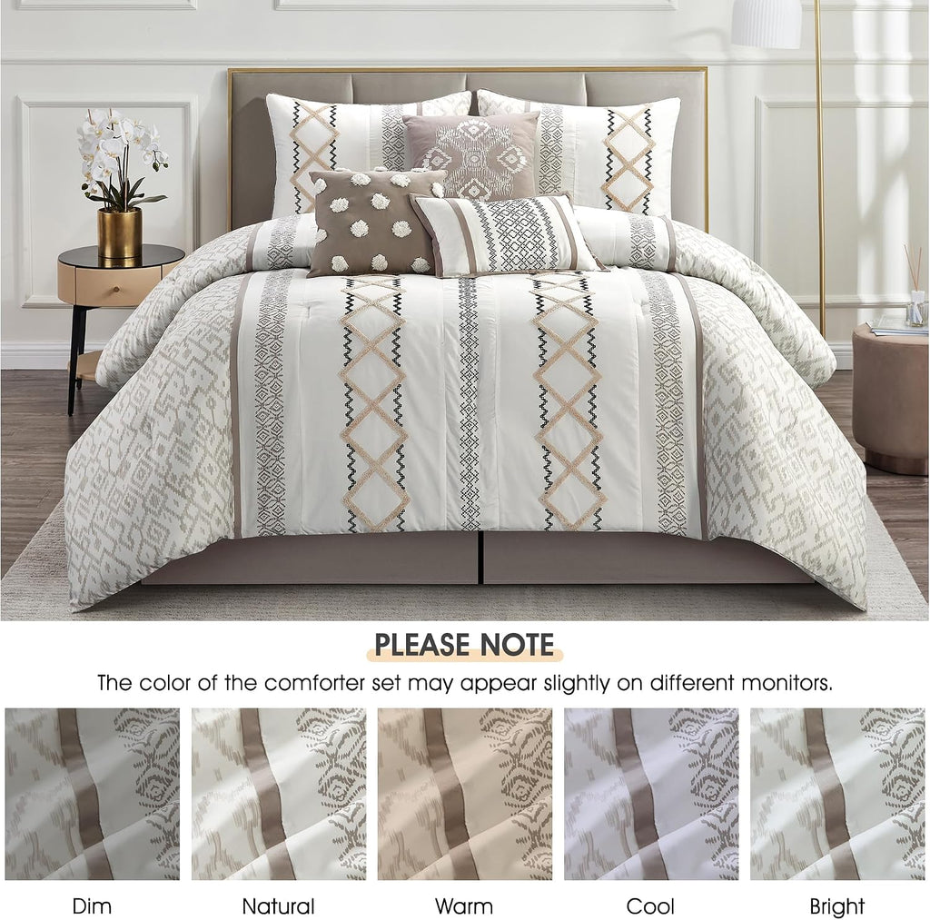 LANCO MODERN LIFESTYLE Taupe California King Comforter Set, 7 Pieces All Season Bedding Sets in a Bag with Geometric Terry Embroidered Comforter, Bed Skirt, Pillow Shams and Decorative Pillows