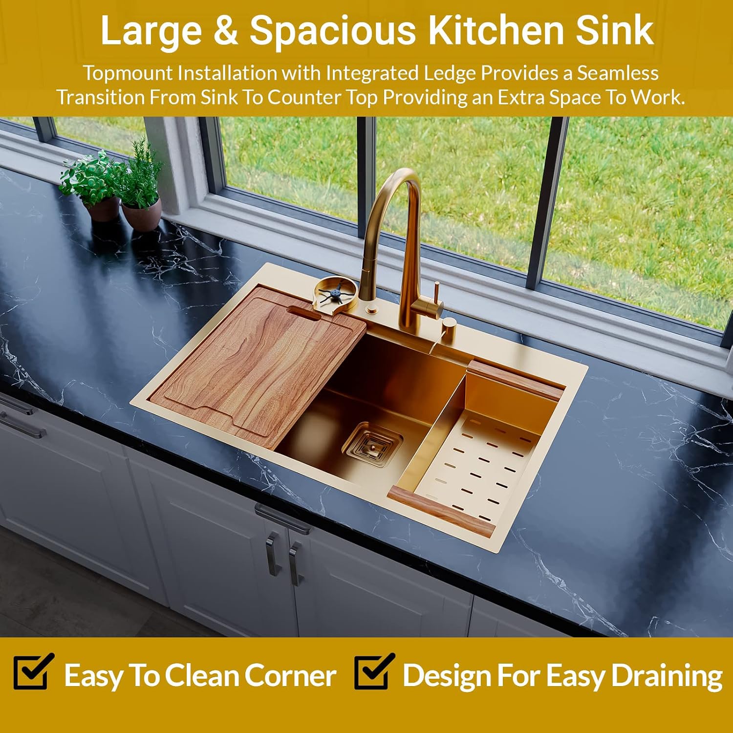 Strictly Sinks 33' Topmount Kitchen Workstation Sink Gold Single Bowl 16 Gauge Stainless Steel Drop In Sink With Colander, Cutting Board, Bottom Grid, 1 Square Disposal Adapter, & 1 Strainer Drain