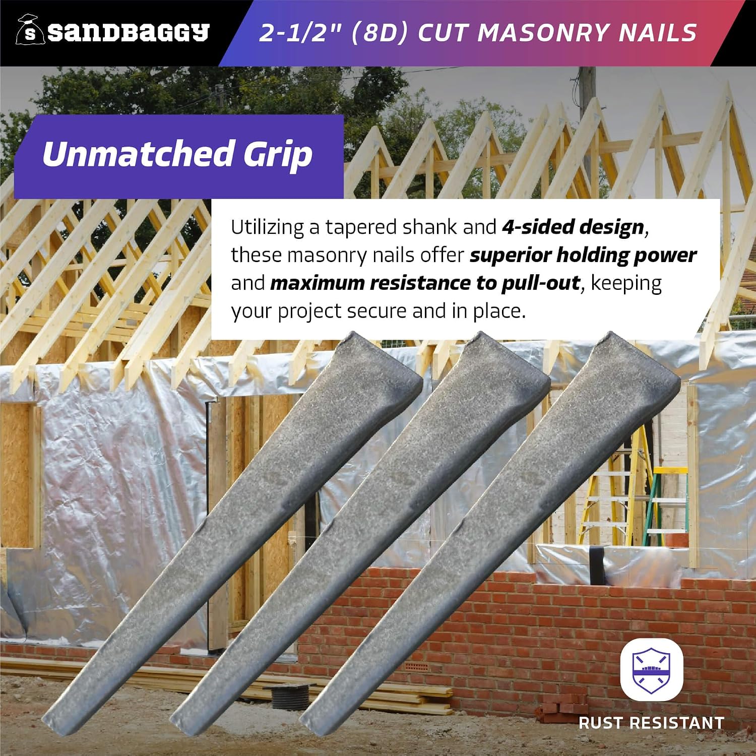 Sandbaggy 2-1/2 inch (8D) Square Cut Masonry Nails for Concrete, Brick, Mortar - 1/2' Wide Flat Heads - Construction, Cement, Brick Walls (2000)