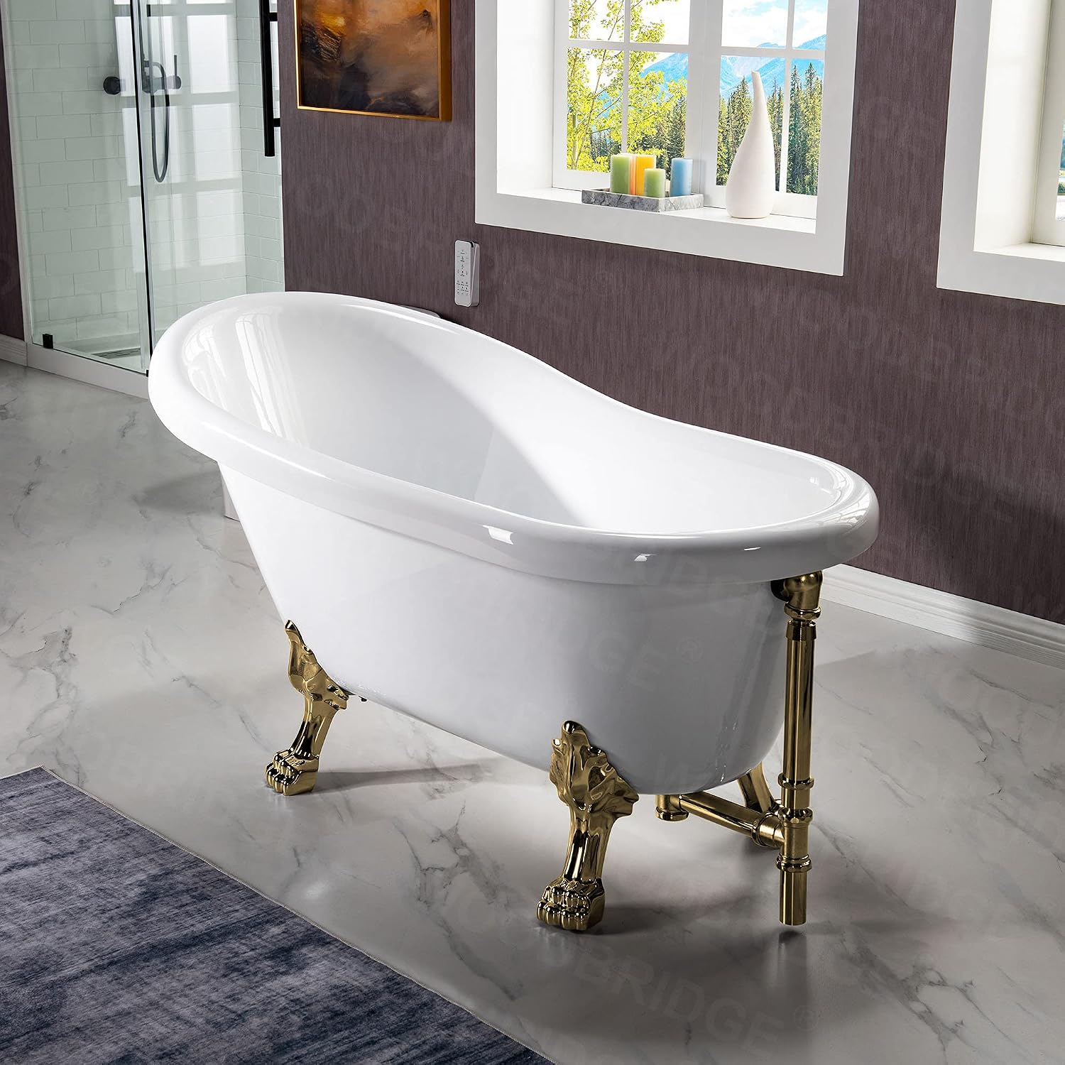 WOODBRIDGE 54' Heavy Duty Acrylic Slipper Clawfoot Bath Tub with Polished Gold Feet + Polished Gold Drain &Overflow