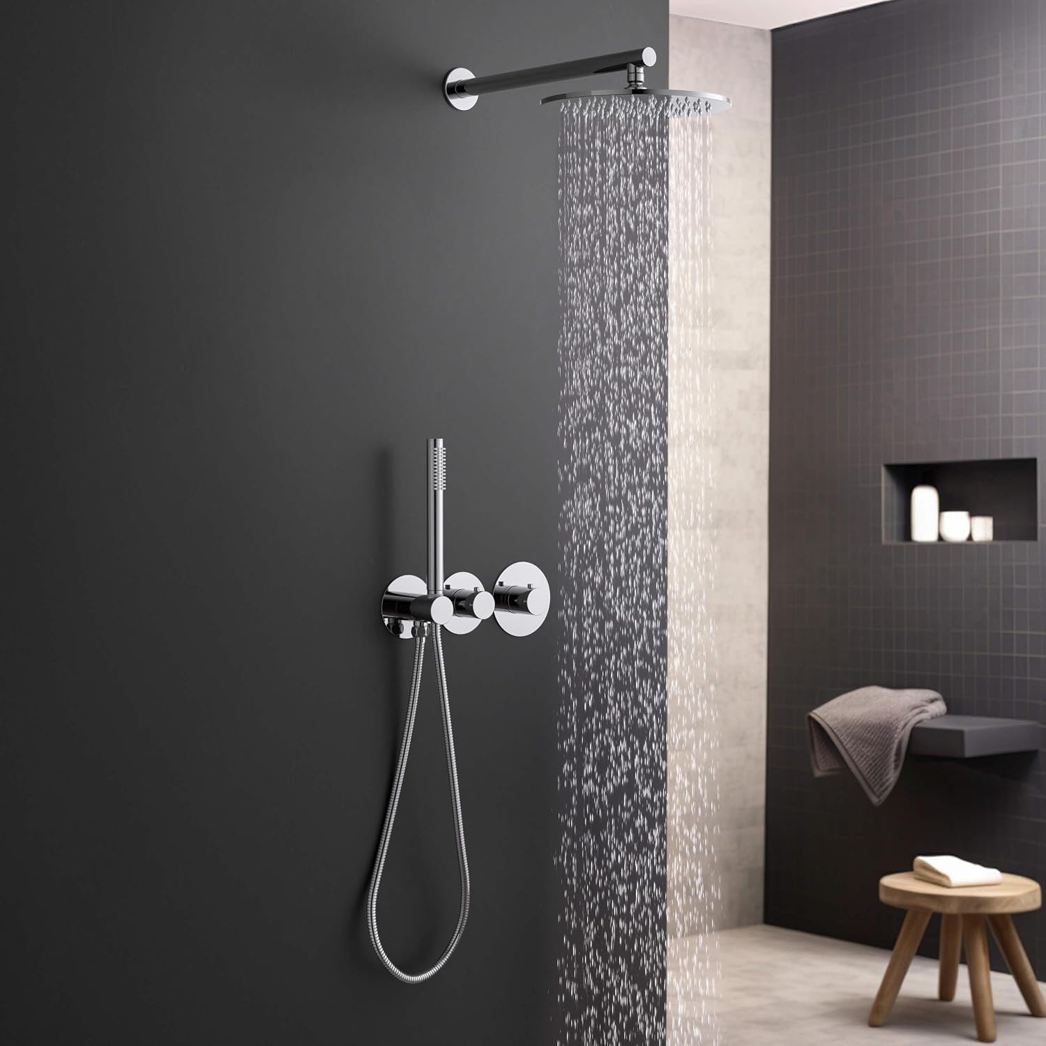 KIBI Circular Thermostatic Shower System with Valve, 2-Function Wall Mounted Shower Faucet Set – Solid Brass Bathroom Shower Trim Kit with Temperature Control, Chrome Finish (KSF410)
