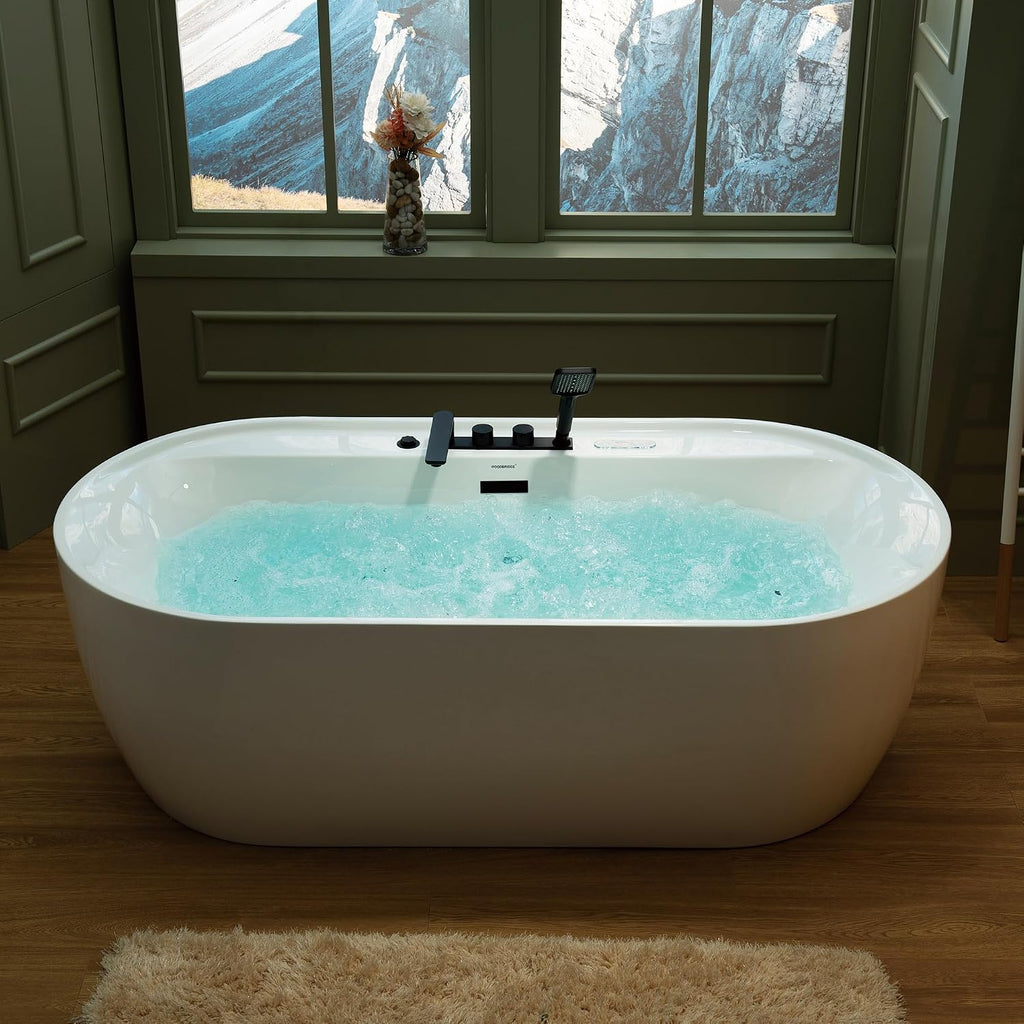 WOODBRIDGE 72' x 35-3/8' Whirlpool and Air Bath Heated Soaking Combination Tub with Adjustable Speed Air Blower, Tub Filler, and LED control panel, Matte Black Finish Trim and Drain Kit, BM500+F0051MB