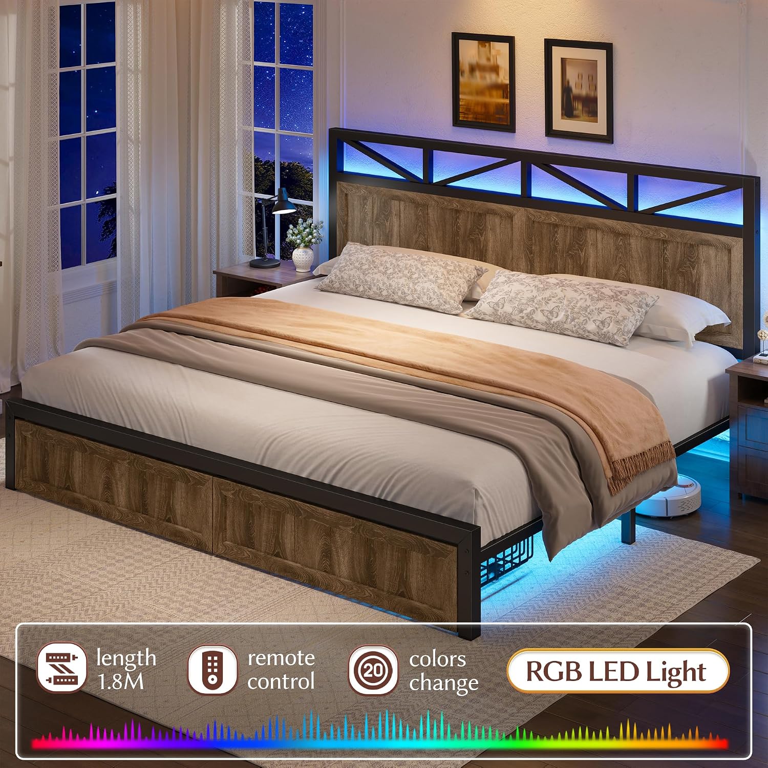 EnHomee King Size Bed Frame with 2 Storage Drawers, King Bed Frame with Wooden Headboard and Strong Metal Support,LED Lights and Charging Station,Farmhouse,NO Noise,No Box Spring Needed,Grey