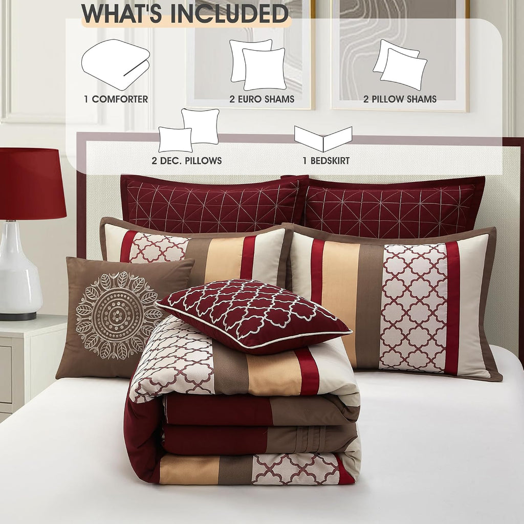 LANCO MODERN LIFESTYLE Queen Comforter Set, Berry Taupe Bedding Set, Jacquard Woven with Embroidery, 8 Pieces Bed in a Bag, Bed Skirt, Shams and Decorative Pillows