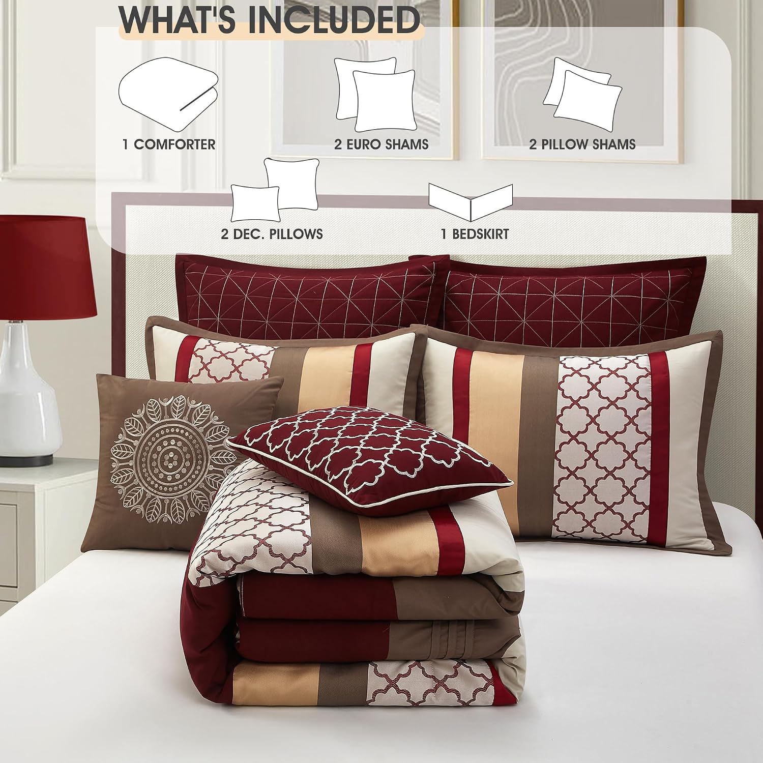 LANCO MODERN LIFESTYLE Queen Comforter Set, Berry Taupe Bedding Set, Jacquard Woven with Embroidery, 8 Pieces Bed in a Bag, Bed Skirt, Shams and Decorative Pillows