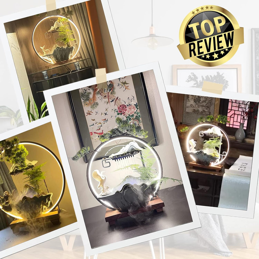 Buddha Tabletop Water Fountains Indoor Waterfall with Mist Zen Decor for Meditation Japanese Decor with Fake Plants Feng Shui Decoration for Good Luck Wealth