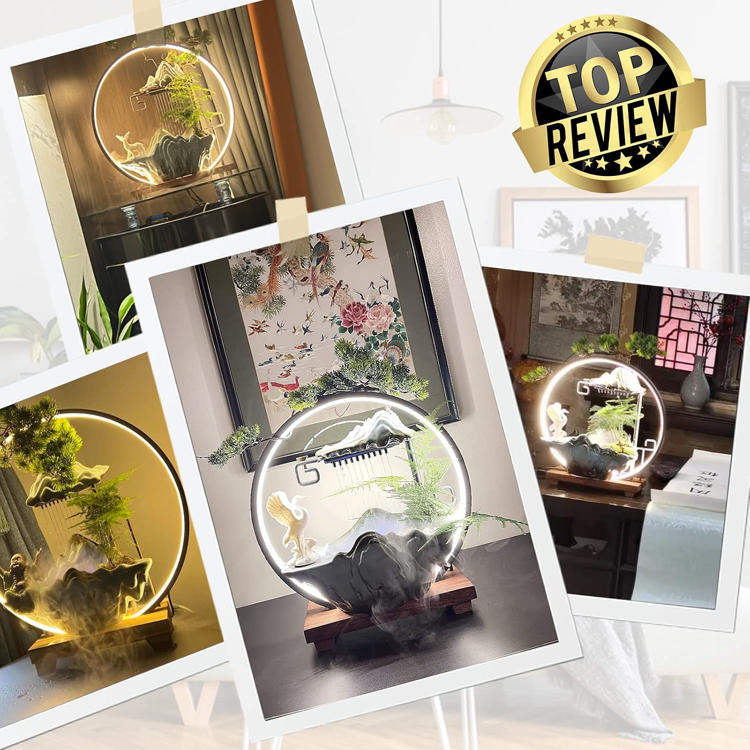 Peacock Tabletop Water Fountains Indoor Waterfall with Mist Zen Decor for Meditation Japanese Decor with Fake Plants Feng Shui Decoration for Good Luck Wealth