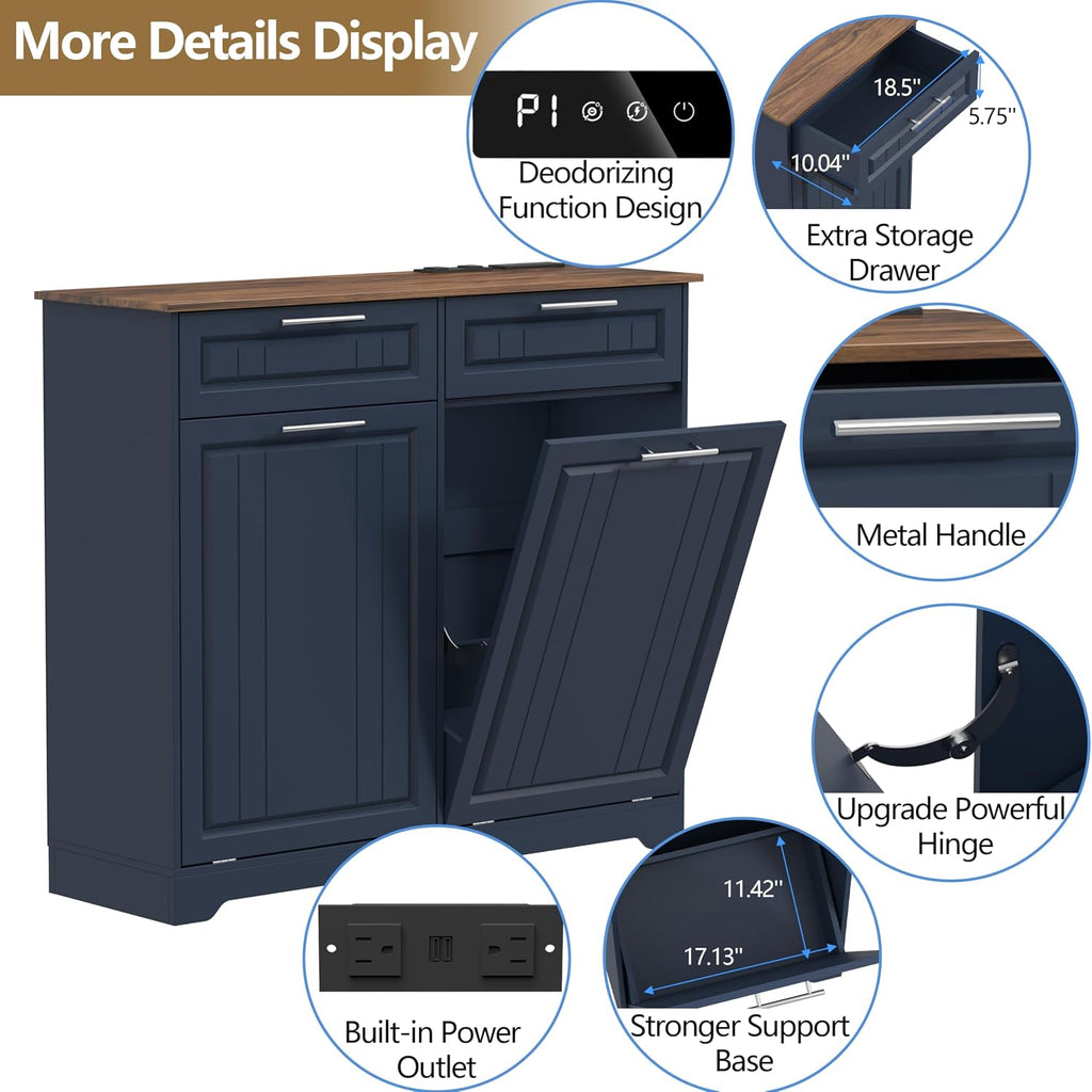 Double 10 Gallon Tilt Out Trash Can Cabinet with Deodorizing Function and Power Outlet, Wooden Hidden Garbage Can Holder with 2 Storage Drawers for Kitchen, Laundry Hamper Cabinet for Bathroom, Blue