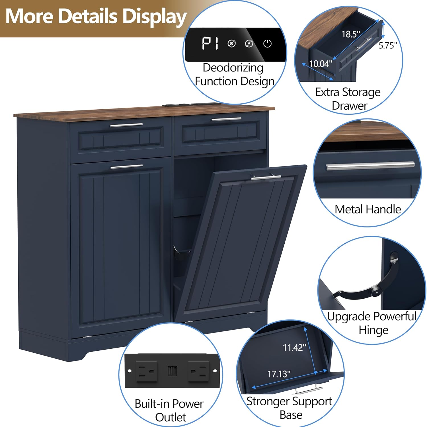 Double 10 Gallon Tilt Out Trash Can Cabinet with Deodorizing Function and Power Outlet, Wooden Hidden Garbage Can Holder with 2 Storage Drawers for Kitchen, Laundry Hamper Cabinet for Bathroom, Blue