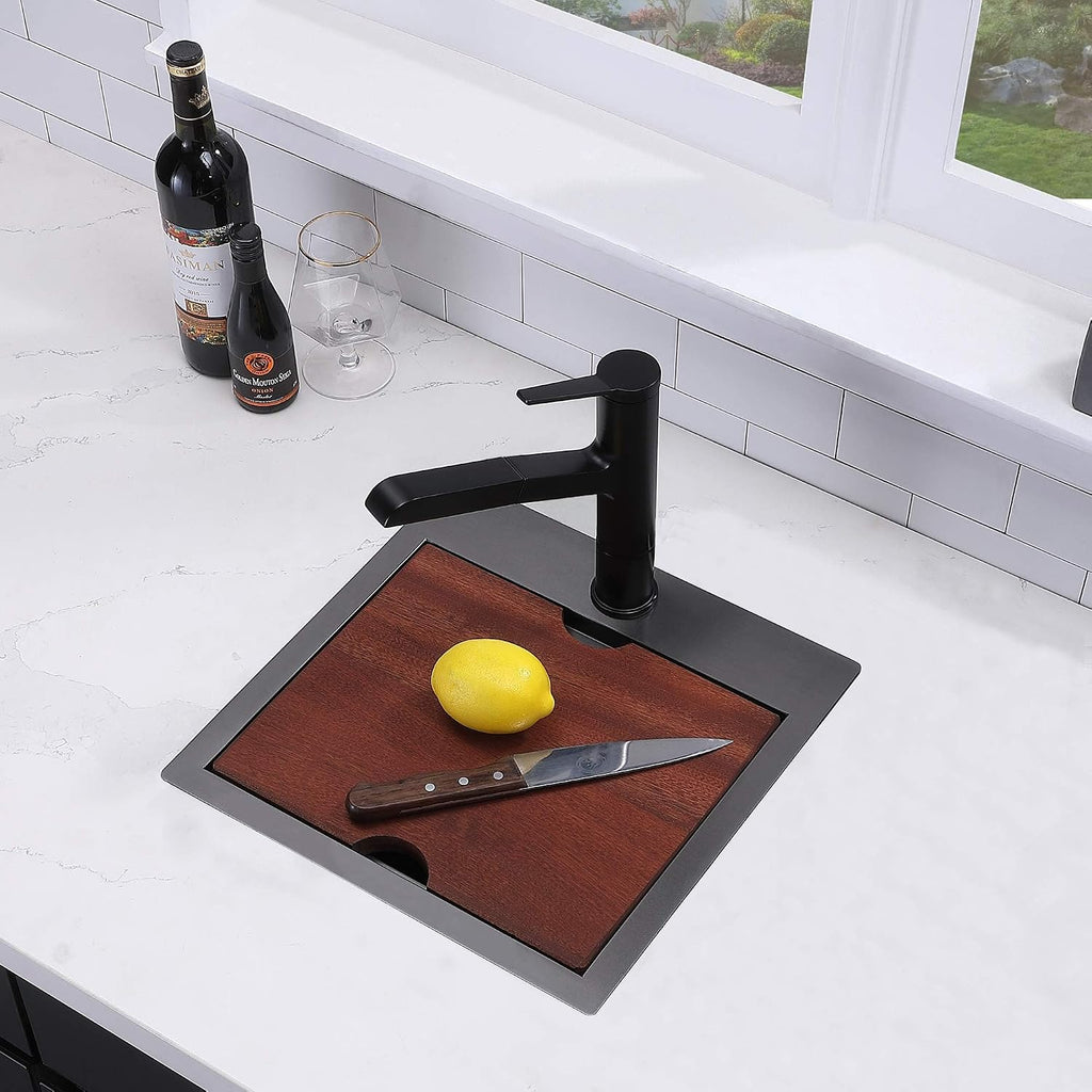 VAPSINT 15x15 Inch Black Bar Sink, Drop In Bar Sink Workstation Top Mount Single Bowl Small Bar Sink, Stainless Steel Handmade Gunmetal Black Small Kitchen sink with Grid & Cutting Board
