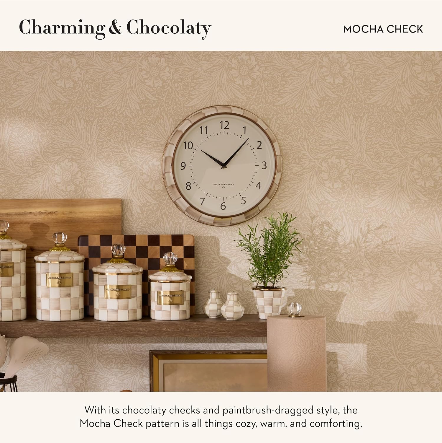 MACKENZIE-CHILDS Wall Clock, Decorative Enamel Clock for Kitchen and Living Room, Brown-and-White Mocha Check