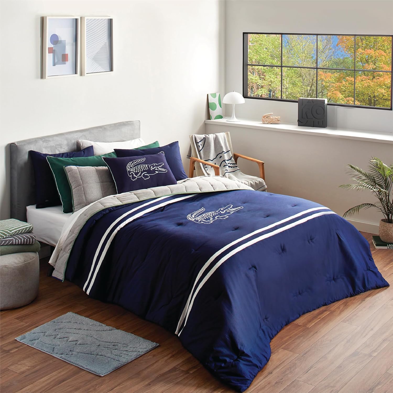 Lacoste Big Croc Comforter Set – 100% Cotton Percale 180-Thread Count, Reversible Duvet & Pillow Shams, Soft Breathable, Iconic Croc Logo, Navy, Full/Queen