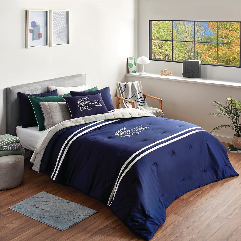 Lacoste Big Croc Comforter Set – 100% Cotton Percale 180-Thread Count, Reversible Duvet & Pillow Shams, Soft Breathable, Iconic Croc Logo, Navy, King