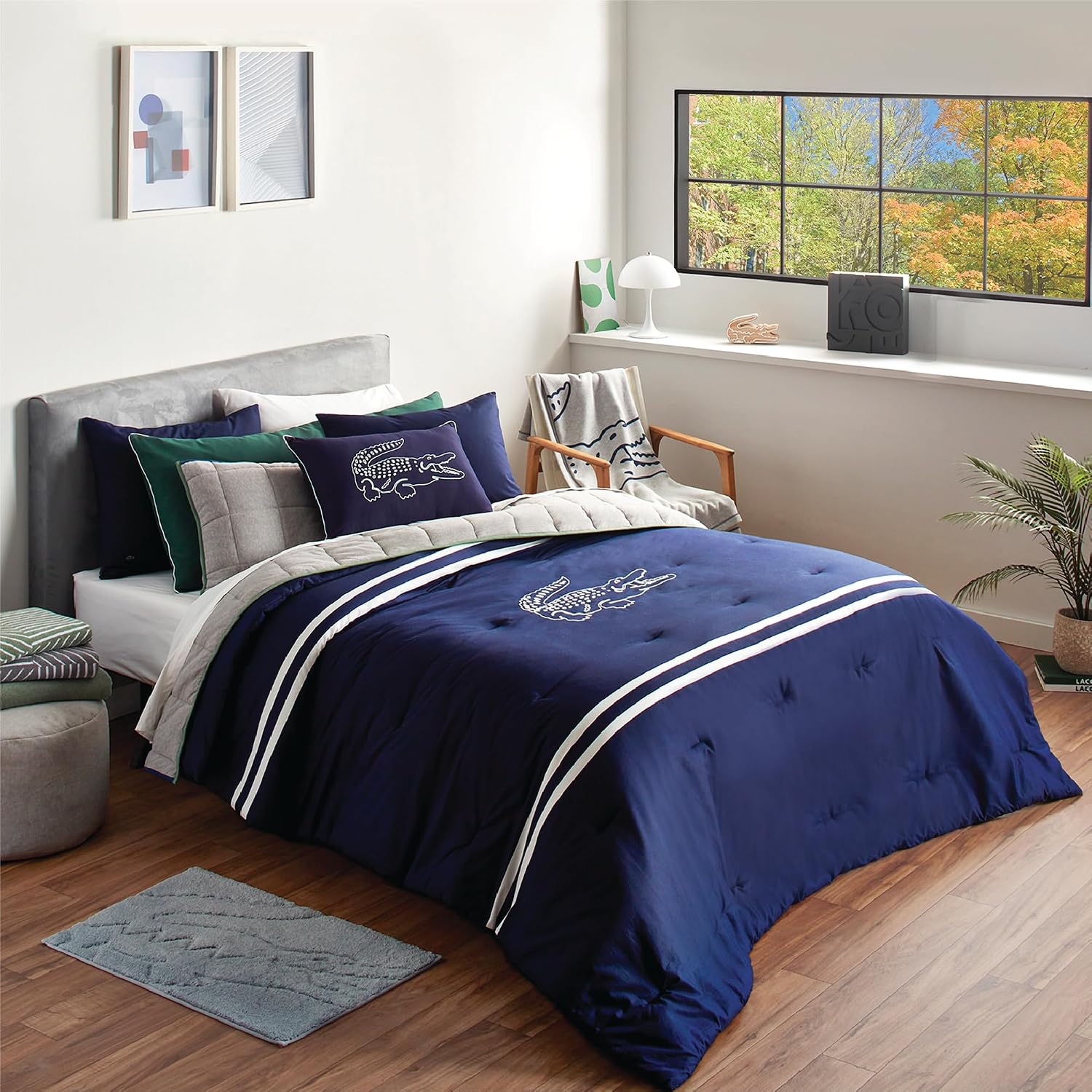 Lacoste Big Croc Comforter Set – 100% Cotton Percale 180-Thread Count, Reversible Duvet & Pillow Shams, Soft Breathable, Iconic Croc Logo, Navy, King