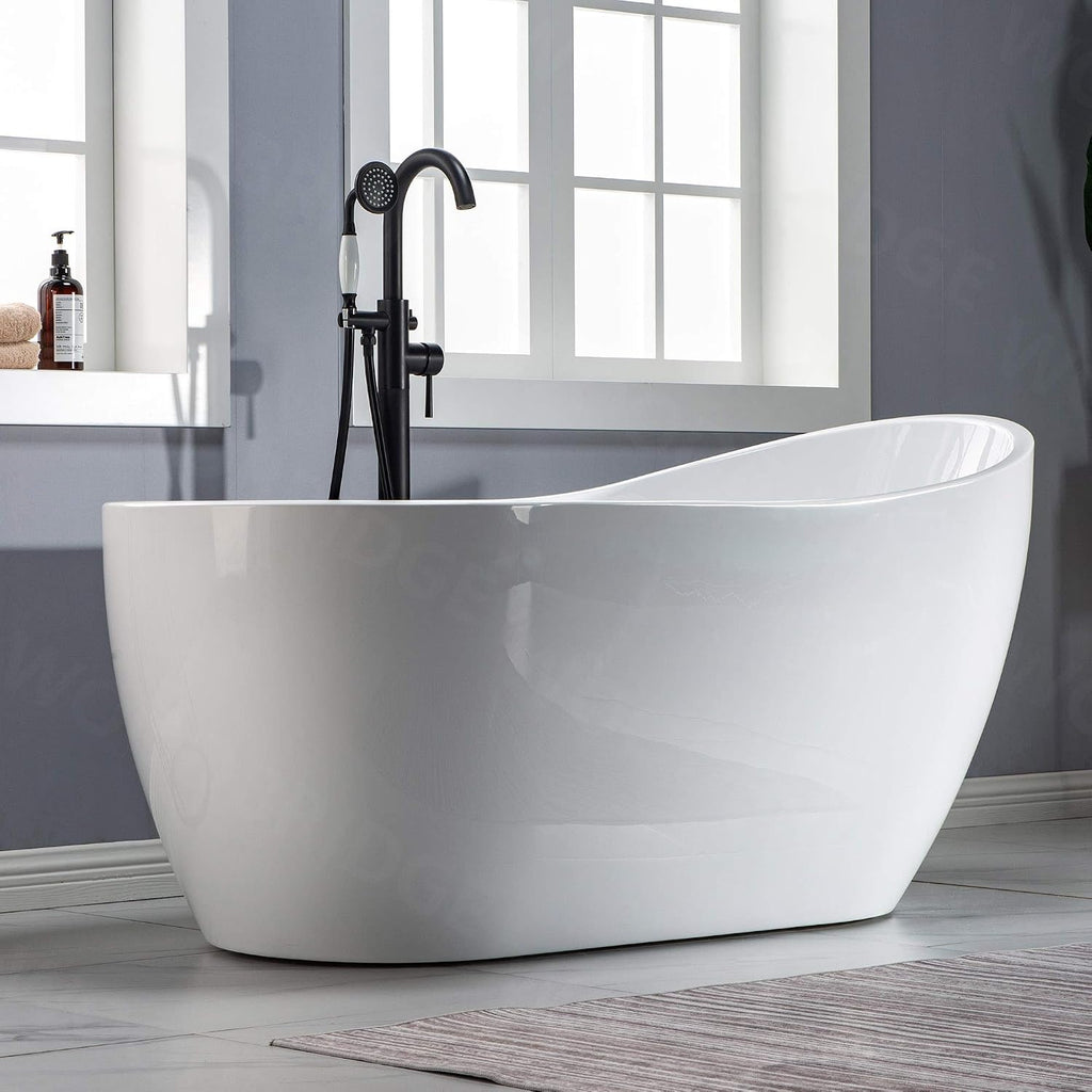 WOODBRIDGE 59' Acrylic Freestanding Bathtub Contemporary Soaking White Tub with Oil Rubbed Bronze Overflow and Drain，B1530 -ORB-Drain &O