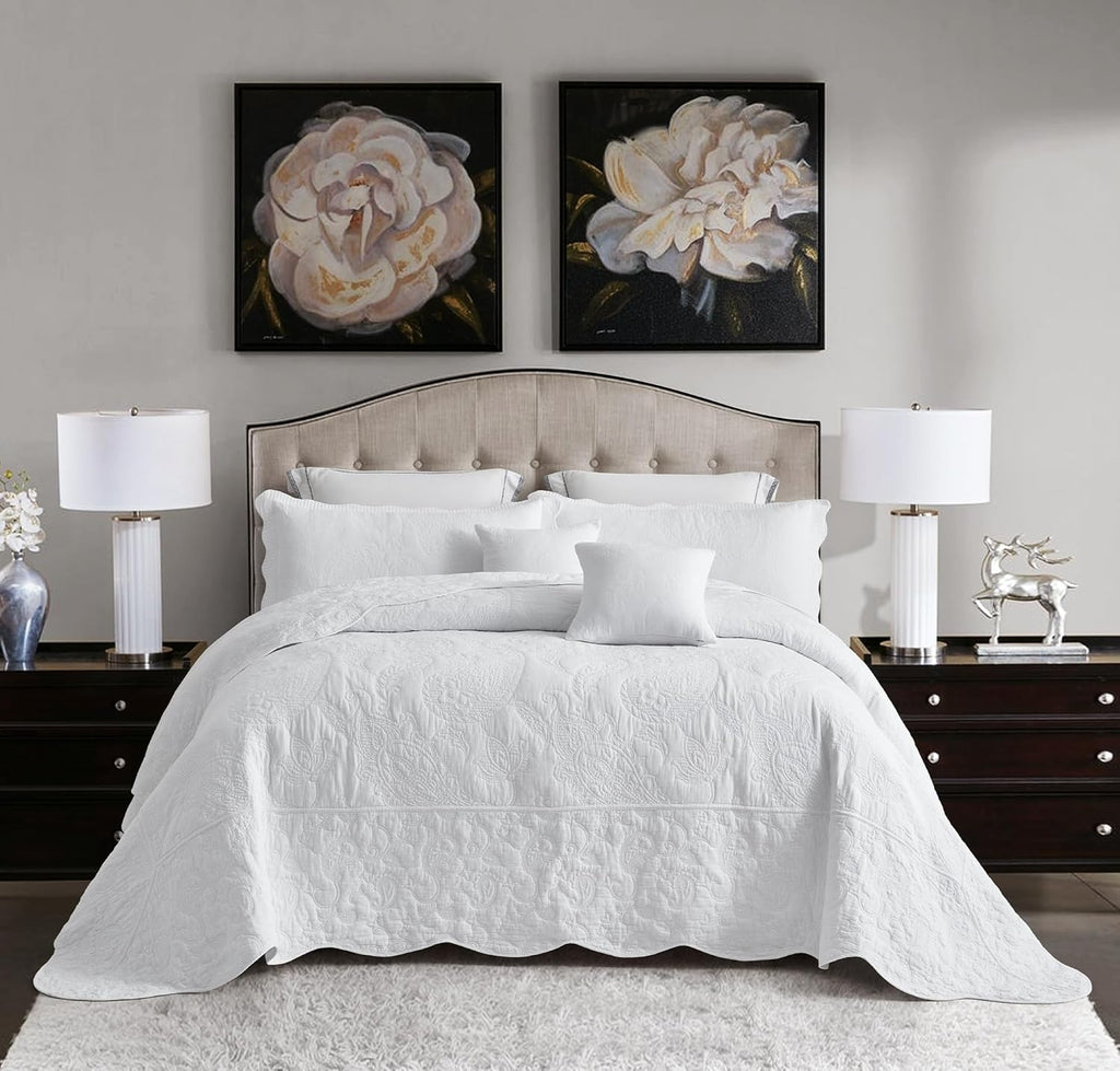 Oversized King Bedspread Cotton, Reversible Paisley Pattern Design, Lightweight Bedding Cover, 5 Piece Set, Pure White