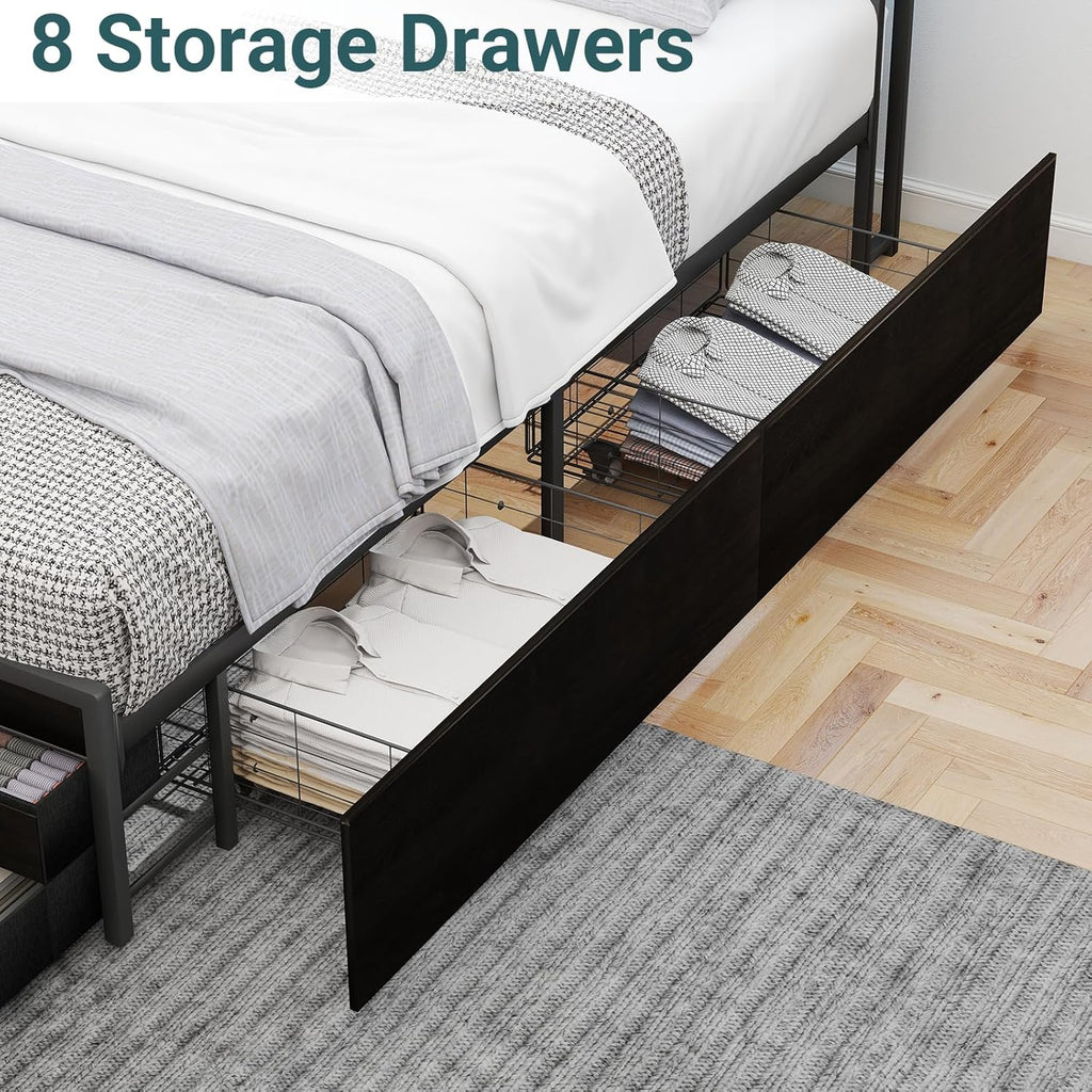 Zevemomo Queen Bed Frames with Headboard, Queen Size Storage Bed Frame with 8 Drawers, Built-in Charging Ports & Outlets, Adjustable Atmospheric LED Lights, Queen-Size Metal Foundation Beds, Black