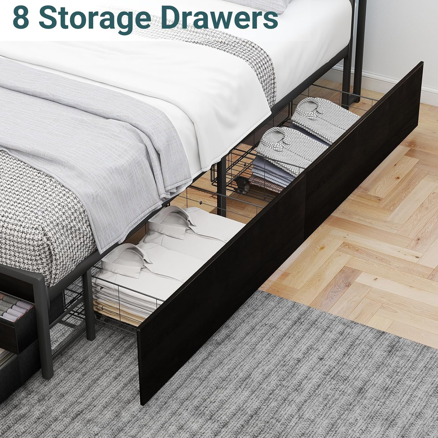 Zevemomo Queen Bed Frames with Headboard, Queen Size Storage Bed Frame with 8 Drawers, Built-in Charging Ports & Outlets, Adjustable Atmospheric LED Lights, Queen-Size Metal Foundation Beds, Black