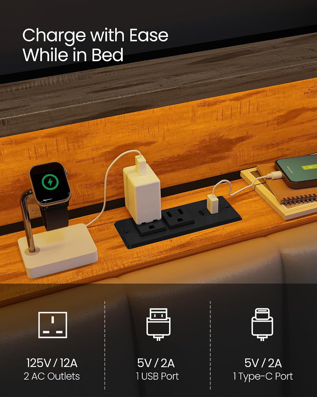 VASAGLE LED Bed Frame Queen Size, Storage Headboard and Charging Station, Queen Bed Frame with 2 AC Outlets, 1 USB Port, 1 Type-C Port, No Box Spring Needed, Dove Gray and Camel Brown URMB841G01