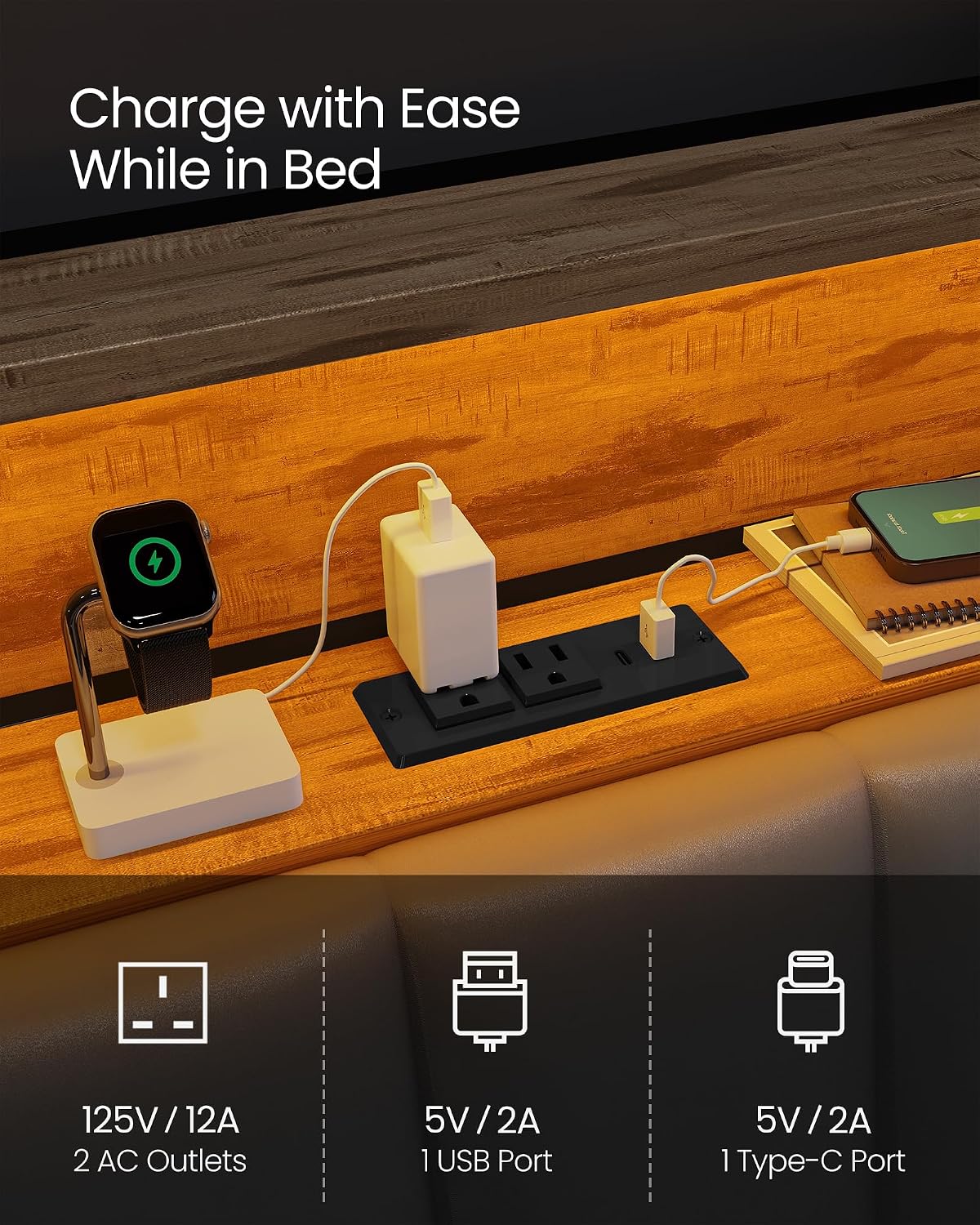 VASAGLE LED Bed Frame Queen Size, Storage Headboard and Charging Station, Queen Bed Frame with 2 AC Outlets, 1 USB Port, 1 Type-C Port, No Box Spring Needed, Dove Gray and Camel Brown URMB841G01