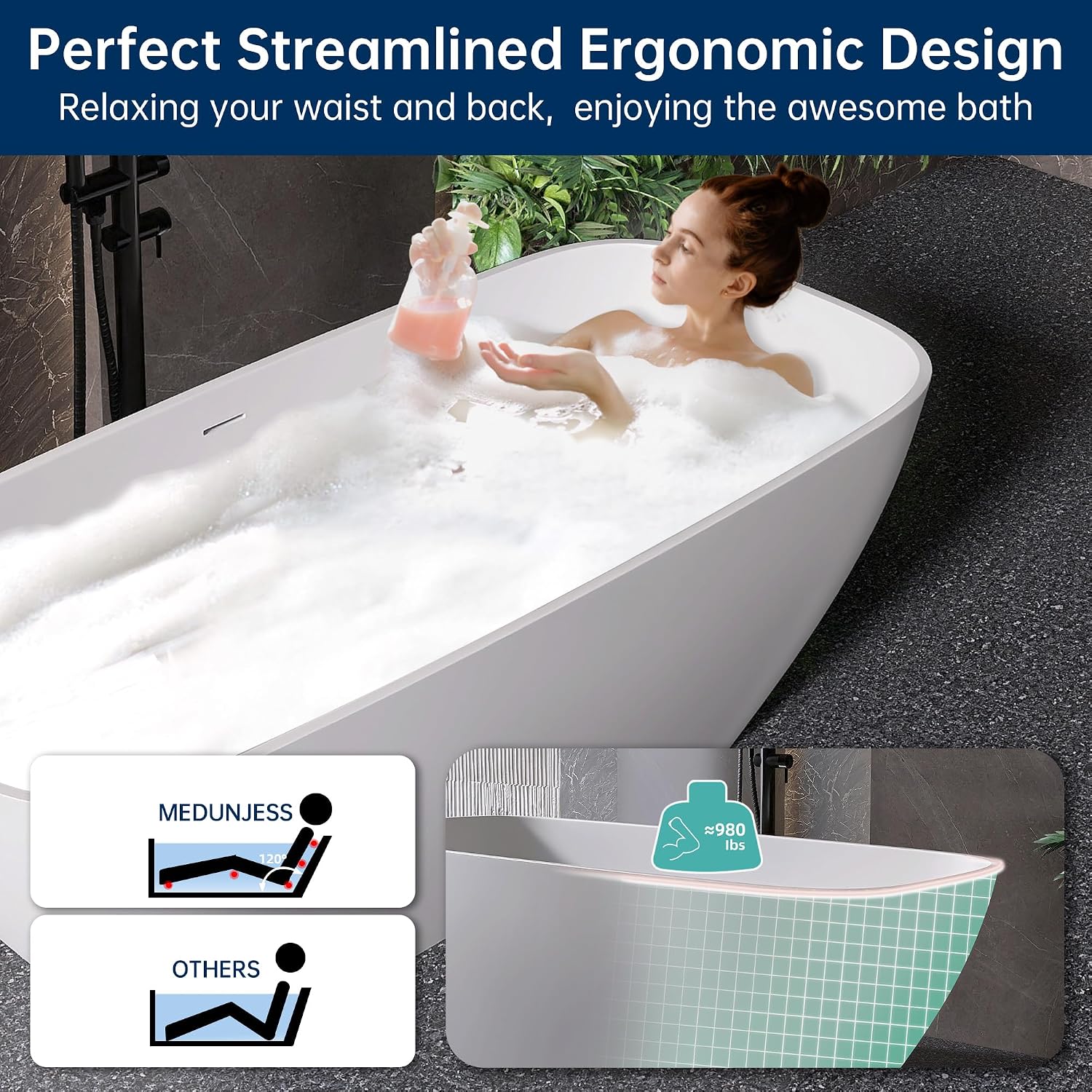 67'' Freestanding Bathtub Resin Stone Deep Soaking Tubs Solid Surface Matte Tub with Overflow and Pop-up Drain