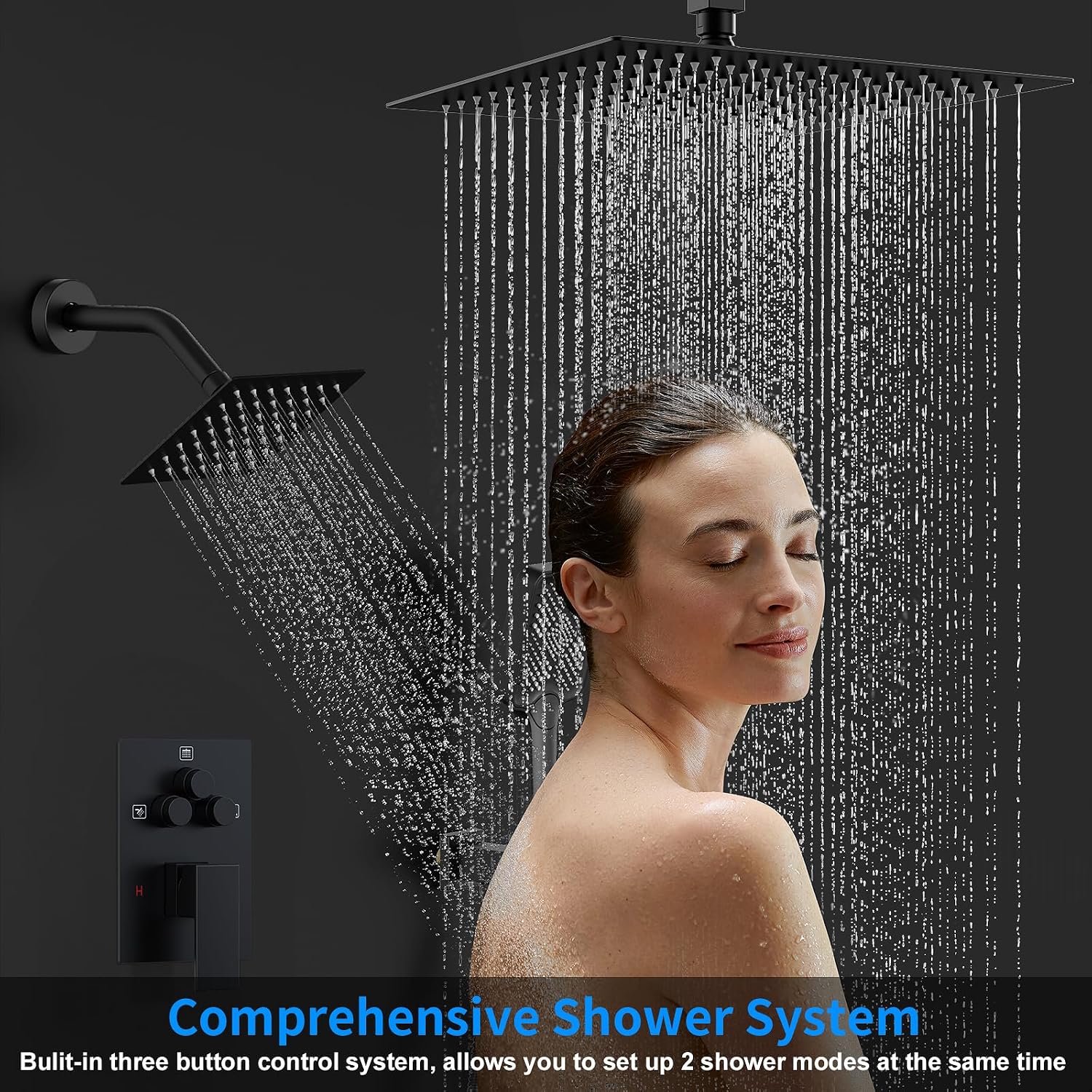 Shower Faucet Set, 12' Ceiling Mount Rainfall Shower System with 12'' Top Head+6'' Side Head and Multi-function Handheld Head Push Button Diverter Shower Faucet Trim Kit (12', Matte Black)