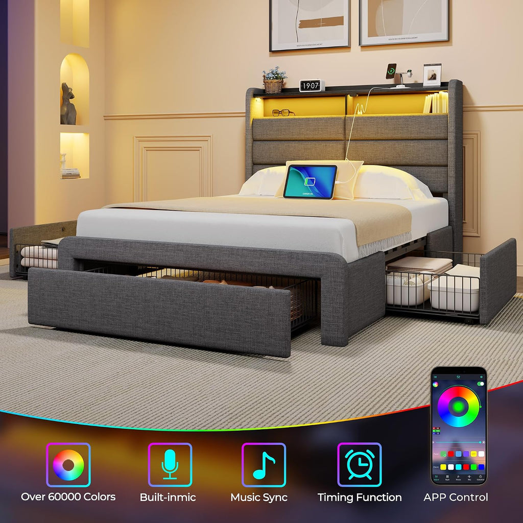 Seventable Twin Bed Frame with Storage Drawers & Charging Station, Upholstered Platform Bed with LED Light and Storage Headboard, Gray, No Box Spring Needed, Noise Free, Easy Assembly