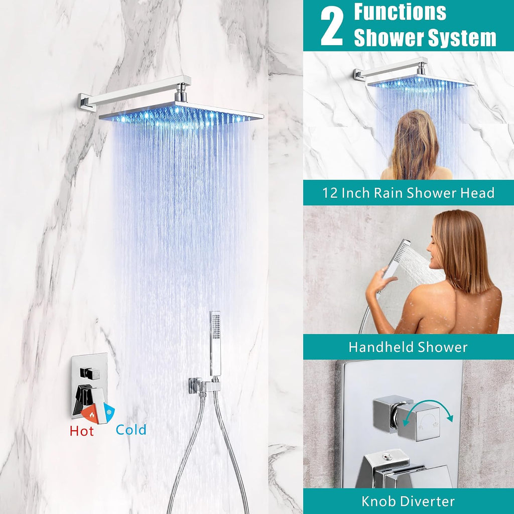 SKOWLL Shower Faucet Set with Handheld, Wall Mount 12 Inch Chrome Shower Head System, LED Overhead Shower Combo Set Rough-in Valve and Trim Included