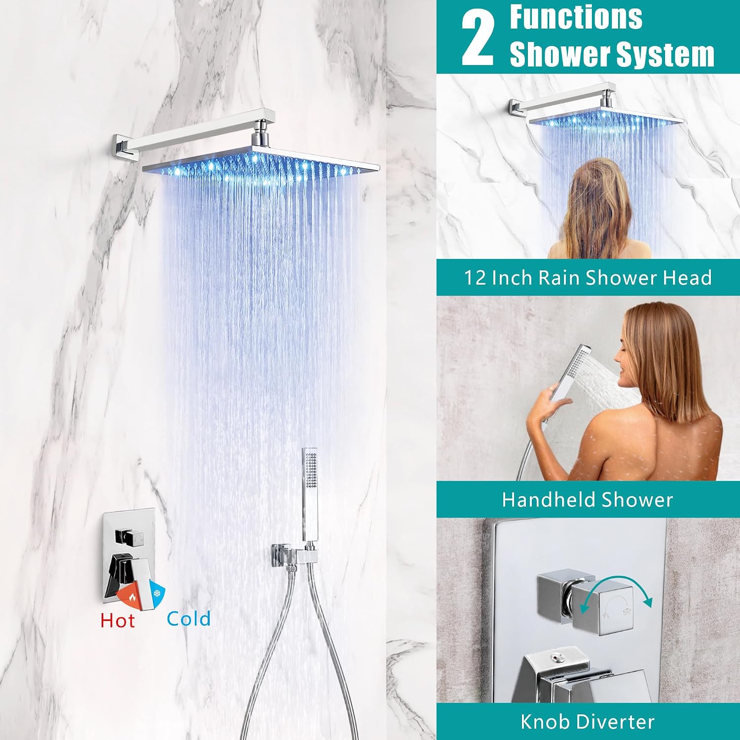SKOWLL Shower Faucet Set with Handheld, Wall Mount 12 Inch Chrome Shower Head System, LED Overhead Shower Combo Set Rough-in Valve and Trim Included