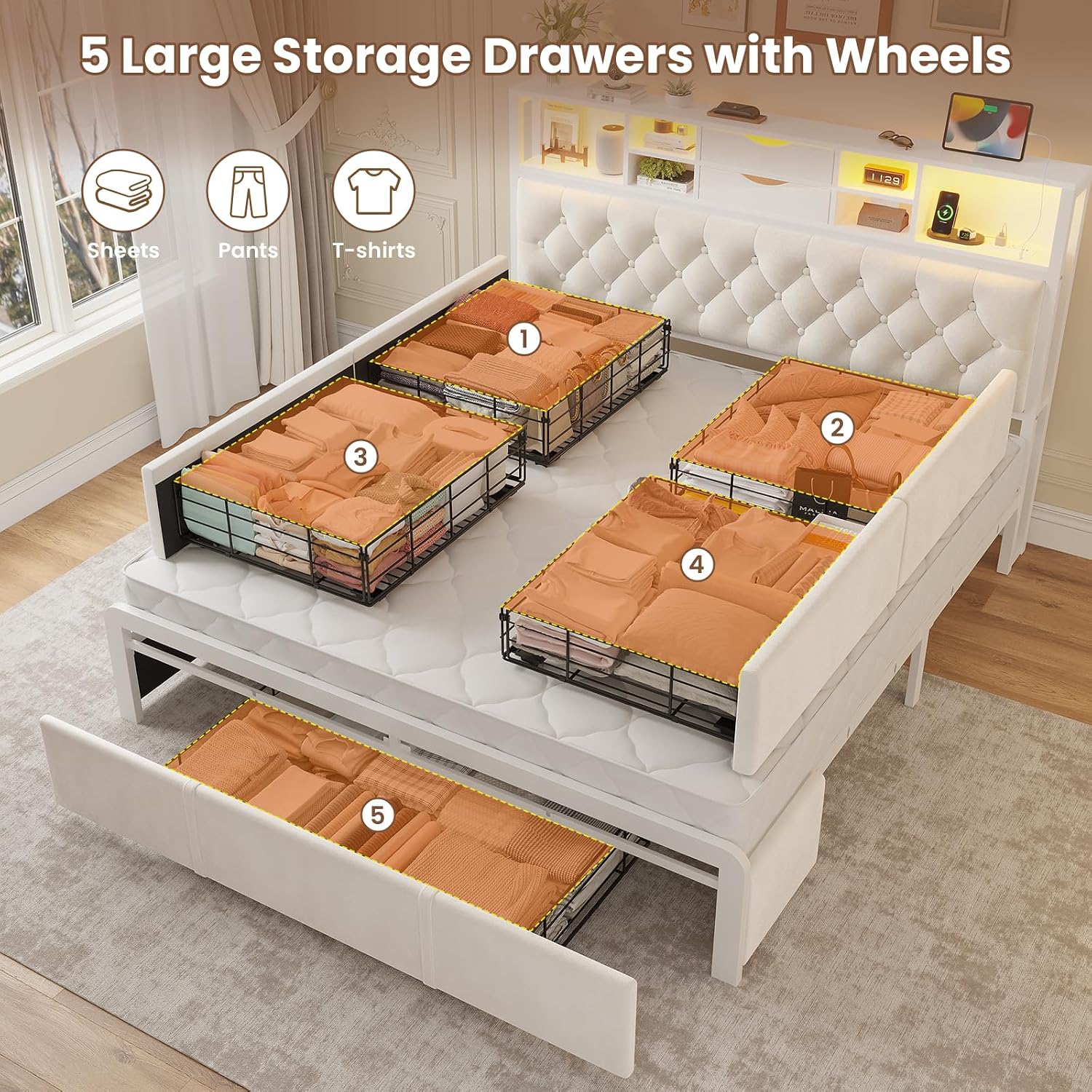 BTHFST Queen Size Bed Frame with 5 Storage Drawers and Headboard, Velvet Upholstered Queen Platform Bed with LED Lights & Charging Station, No Noise, No Box Spring Needed, Easy Assembly, Beige