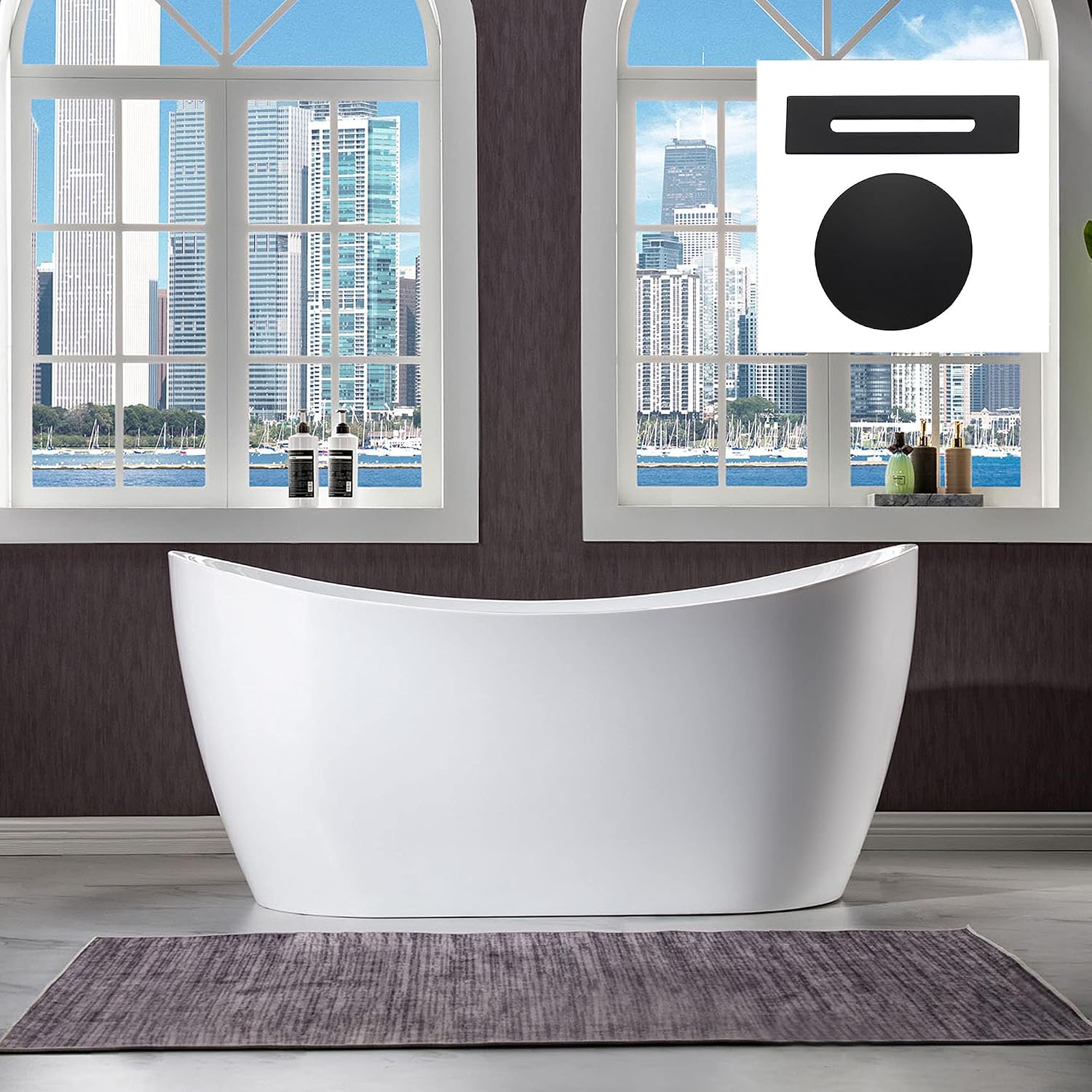 WOODBRIDGE 59' Acrylic Freestanding Bathtub Contemporary Soaking White Tub with Matte Black Overflow and Drain,B0016-MB