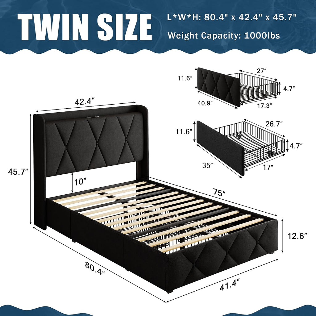 GalnFu Twin Bed Frame with 4 Large Storage Drawers, Upholstered Platform Bed with Charging Station, Modern Wingback Storage Headboard, Easy Assembly,Noise-Free, Black