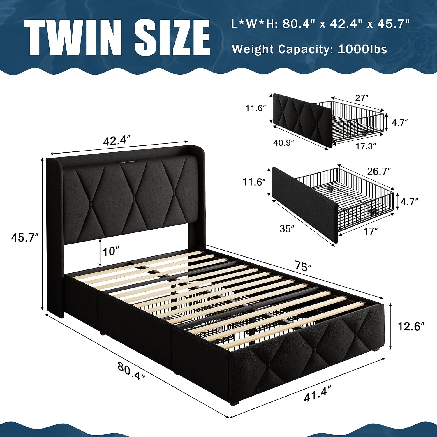 GalnFu Twin Bed Frame with 4 Large Storage Drawers, Upholstered Platform Bed with Charging Station, Modern Wingback Storage Headboard, Easy Assembly,Noise-Free, Black