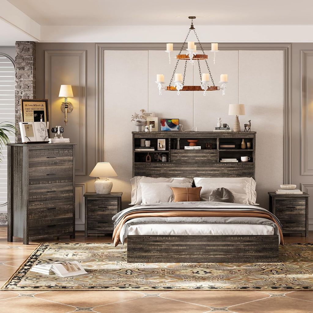 4PCS Bedroom Sets, Wooden Queen Size Bed Frame with Storage Headboard and Charging Station, 2 Nightstands with 2 Drawers,1 Dresser with 5 Drawers,Noiseless, No Box Spring Needed (Gray-JU3)