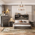 4PCS Bedroom Sets, Wooden Queen Size Bed Frame with Storage Headboard and Charging Station, 2 Nightstands with 2 Drawers,1 Dresser with 5 Drawers,Noiseless, No Box Spring Needed (Gray-JU3)