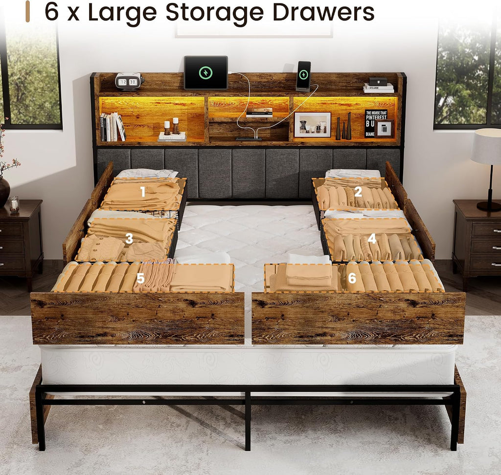 BRELTAM Queen Bed Frame with 6 Storage Drawers, Linen Upholstered Headboard, Built-in USB Charging Station & LED Lighting, Silent Metal Support, No Box Spring Needed, Vintage Brown