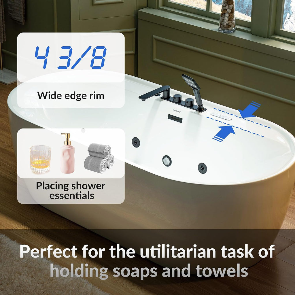 WOODBRIDGE 72' x 35-3/8' Whirlpool and Air Bath Heated Soaking Combination Tub with Adjustable Speed Air Blower, Tub Filler, and LED control panel, Matte Black Finish Trim and Drain Kit, BM500+F0051MB