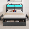 Seventable Twin Size Bed Frame with 3 Storage Drawers & Charging Station, Upholstered Platform Bed with Storage Headboard and LED Light, No Box Spring Needed, Noise Free, Easy Assembly, Dark Grey