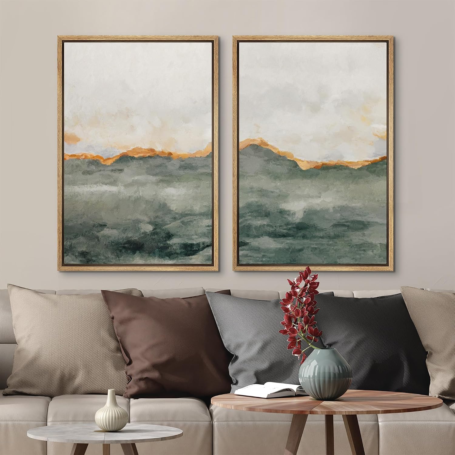 MUDECOR Framed Canvas Print Wall Art Set Gold Gray Pastel Watercolor Stroke Abstract Shapes Illustrations Modern Art Decorative Bohemian Calm/Zen for Living Room, Bedroom, Office - 24'x36'x2 Natural