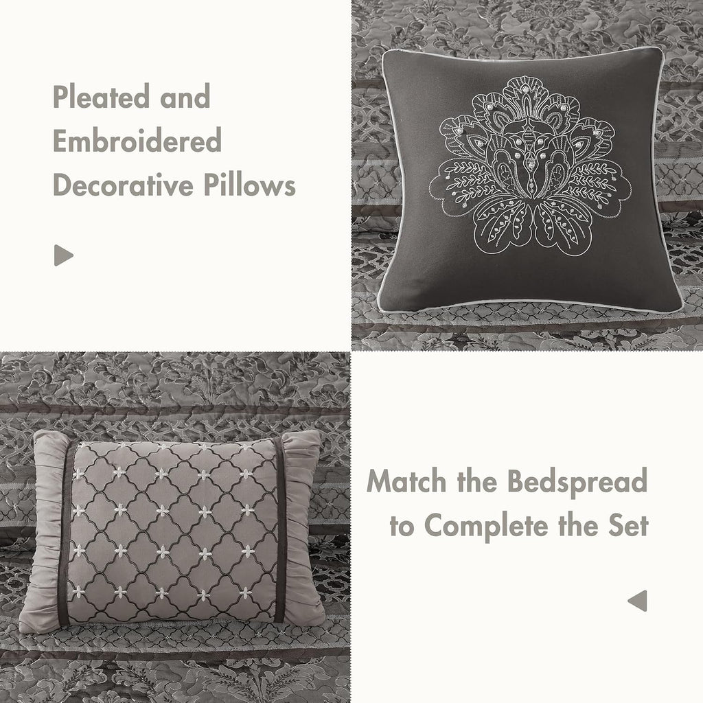 Madison Park Traditional Damask Design All Season, Lightweight Coverlet Bedspread Bedding Set, Matching Shams, Pillows, (102'x118'), Bellagio, Jacquard Grey, 5 Piece