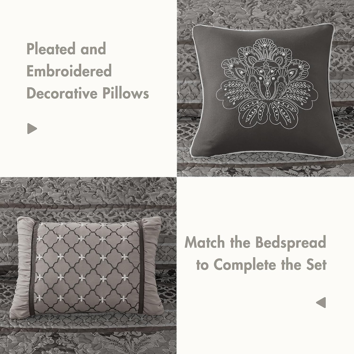 Madison Park Traditional Damask Design All Season, Lightweight Coverlet Bedspread Bedding Set, Matching Shams, Pillows, (102'x118'), Bellagio, Jacquard Grey, 5 Piece
